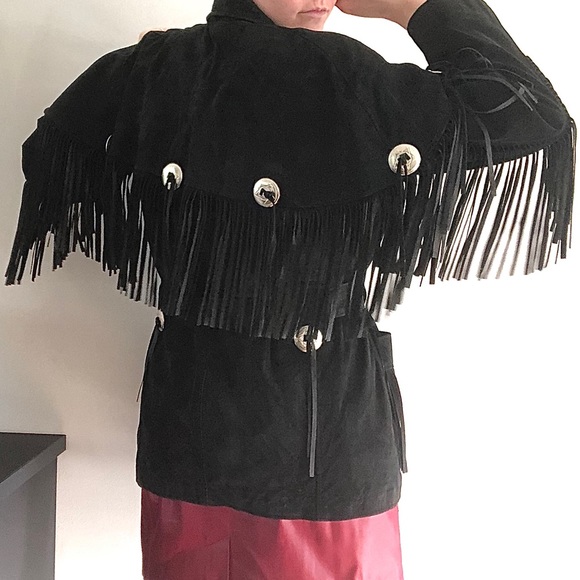 S/M/L 90's western black suede coat /fringe + cape - Picture 8 of 16